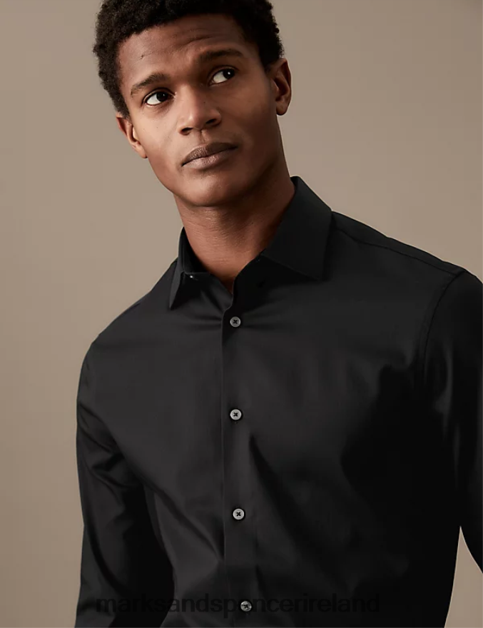 Marks & Spencer Men Slim Fit Easy Iron Cotton Rich Shirt Black Clothing 2VJ8DF6778