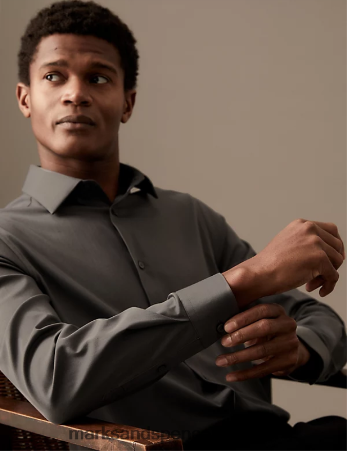 Marks & Spencer Men Slim Fit Easy Iron Cotton Rich Shirt Mole Clothing 2VJ8DF6779