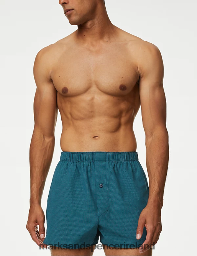 Marks & Spencer Men 3pk Pure Cotton Checked Woven Boxers Medium Turquoise Clothing 2VJ8DF4845