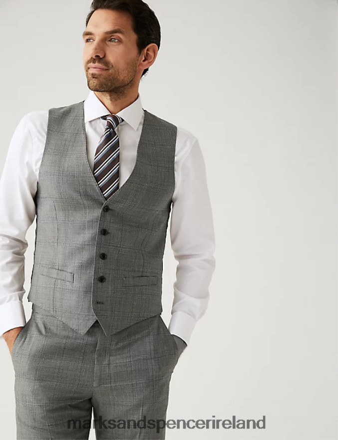 Marks & Spencer Men Regular Fit Pure Wool Check Waistcoat Grey Clothing 2VJ8DF5508