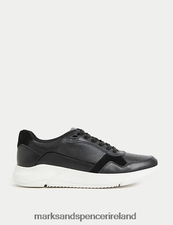 Marks & Spencer Men Leather Lace Up Trainers Black Footwear 2VJ8DF6485