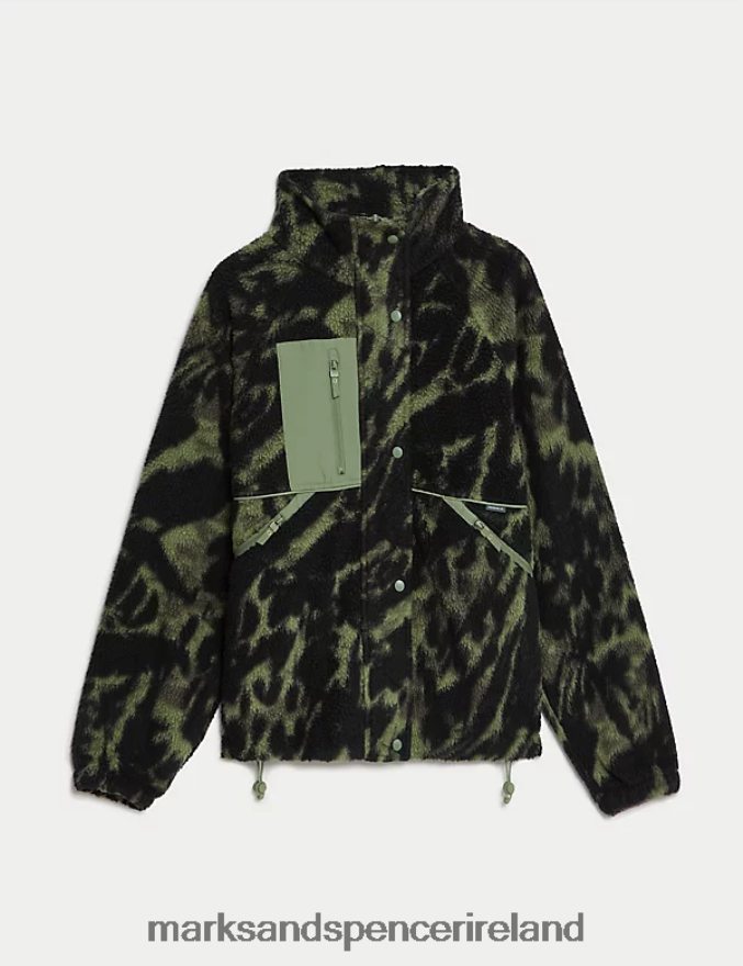 Marks & Spencer Women Borg Printed Fleece Cropped Jacket Khaki/Olive Clothing 2VJ8DF3198