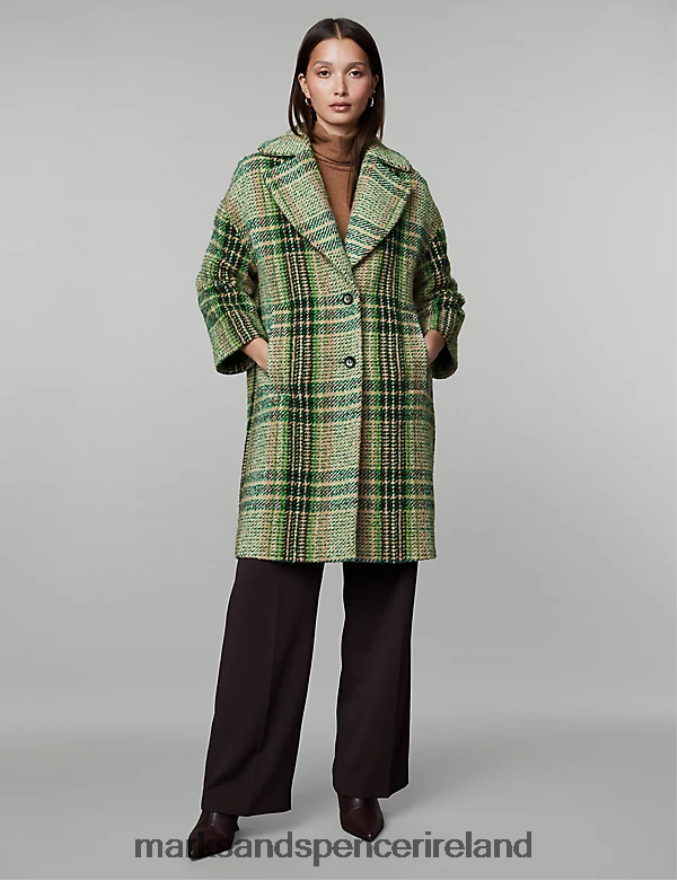 Marks & Spencer Women Checked Longline Boyfriend Coat with Wool Green Mix Clothing 2VJ8DF943