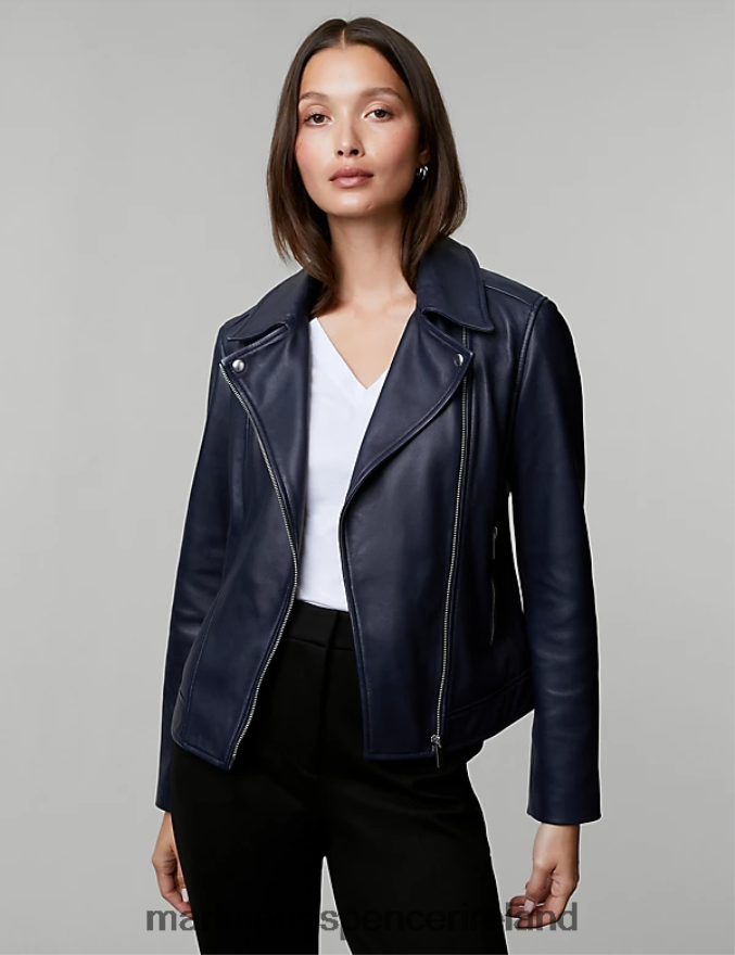 Marks & Spencer Women Leather Biker Jacket Navy Clothing 2VJ8DF1473