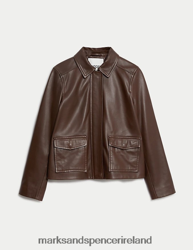 Marks & Spencer Women Leather Trucker Jacket Brown Clothing 2VJ8DF1058