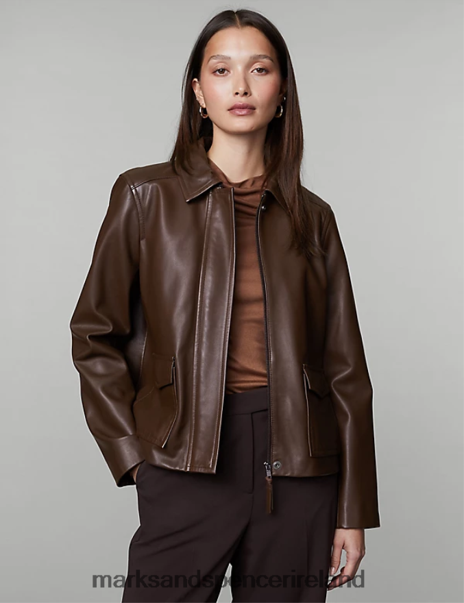 Marks & Spencer Women Leather Trucker Jacket Brown Clothing 2VJ8DF1058