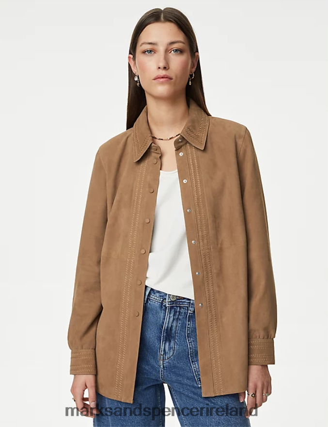 Marks & Spencer Women Suede Collared Overshirt Natural Beige Clothing 2VJ8DF1472