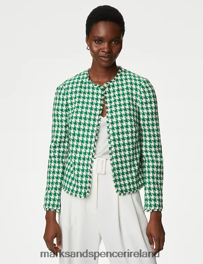 Marks & Spencer Women Tweed Collarless Relaxed Short Jacket Green Mix Clothing 2VJ8DF469