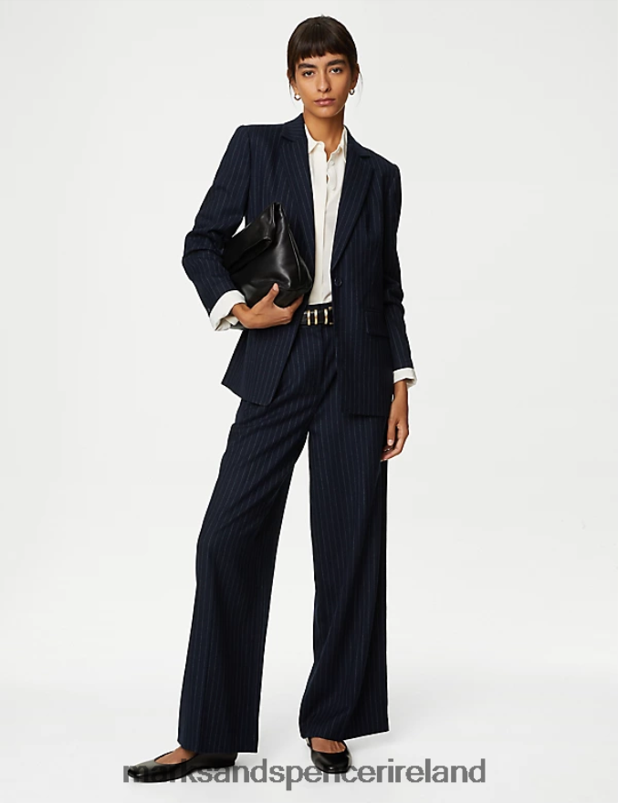 Marks & Spencer Women Wool Blend Pinstripe Single Breasted Blazer Dark Navy Mix Clothing 2VJ8DF150