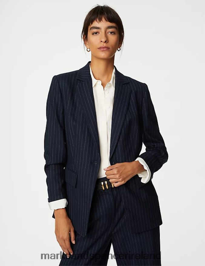 Marks & Spencer Women Wool Blend Pinstripe Single Breasted Blazer Dark Navy Mix Clothing 2VJ8DF150