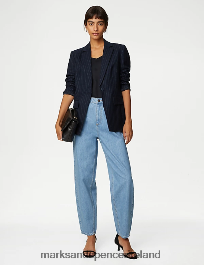 Marks & Spencer Women Wool Blend Pinstripe Single Breasted Blazer Dark Navy Mix Clothing 2VJ8DF150