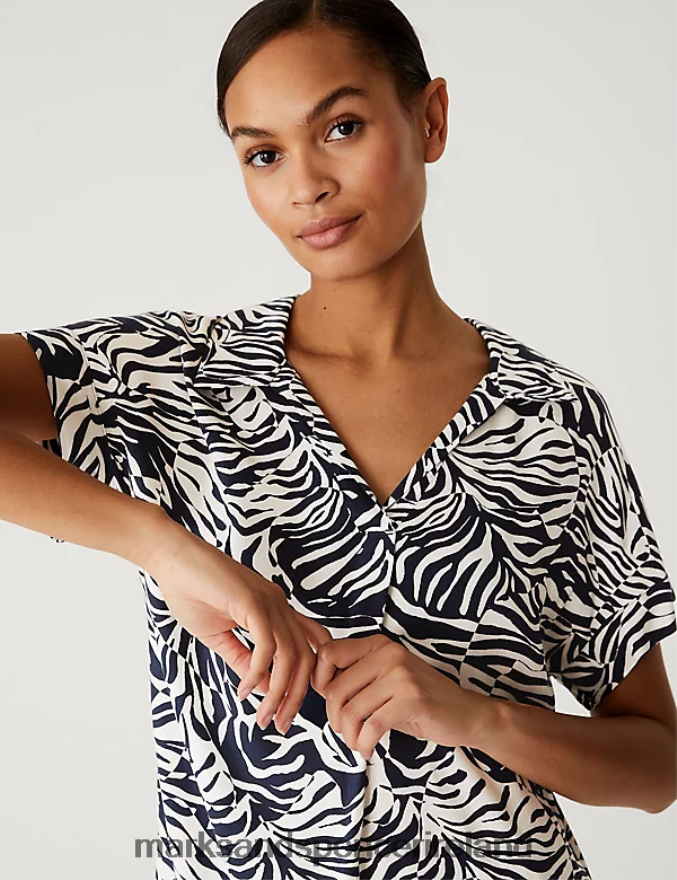 Marks & Spencer Women Animal Print V-Neck Knee Length Shift Dress Navy Mix Clothing 2VJ8DF2189