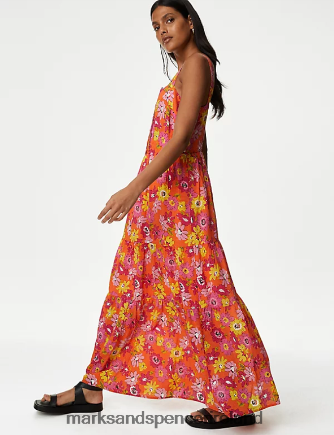 Marks & Spencer Women Cotton Blend Printed Maxi Tiered Dress Orange Mix Clothing 2VJ8DF327