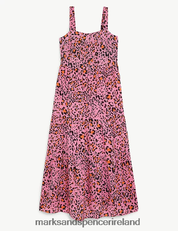Marks & Spencer Women Cotton Blend Printed Maxi Tiered Dress Pink Mix Clothing 2VJ8DF24