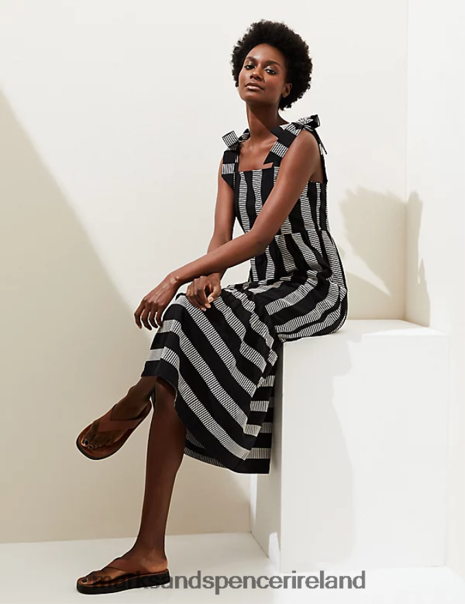 Marks & Spencer Women Cotton Rich Striped Midaxi Tiered Dress Black Mix Clothing 2VJ8DF178