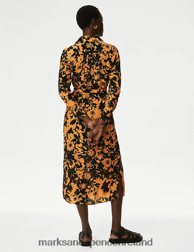 Marks & Spencer Women Cupro Rich Floral Midaxi Shirt Dress Orange Mix Clothing 2VJ8DF357