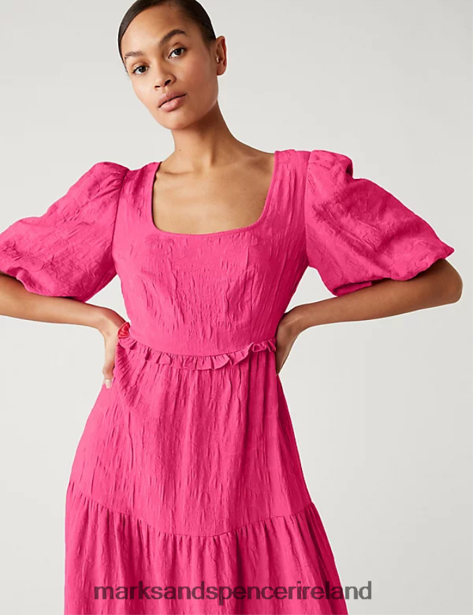 Marks & Spencer Women Floral Jacquard Square Neck Midi Dress Pink Clothing 2VJ8DF1754
