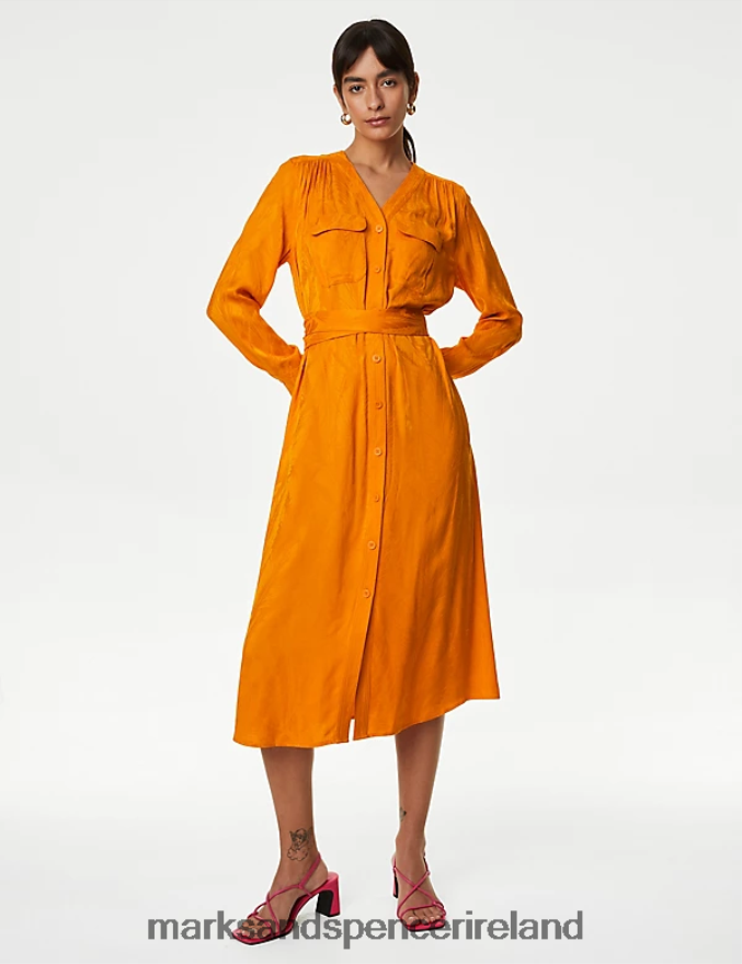 Marks & Spencer Women Floral Jacquard V-Neck Midi Shirt Dress Tangerine Clothing 2VJ8DF564