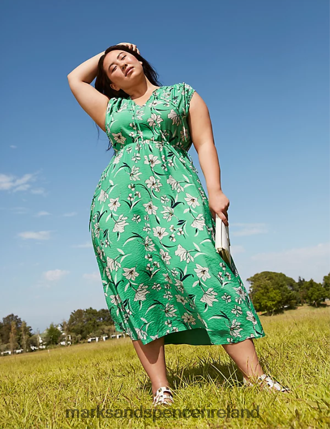 Marks & Spencer Women Floral Tie Neck Midaxi Waisted Dress Green Mix Clothing 2VJ8DF1648