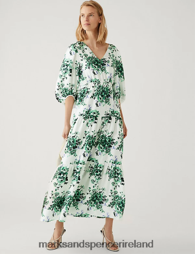 Marks & Spencer Women Floral V-Neck Midaxi Tiered Dress Ivory Mix Clothing 2VJ8DF251