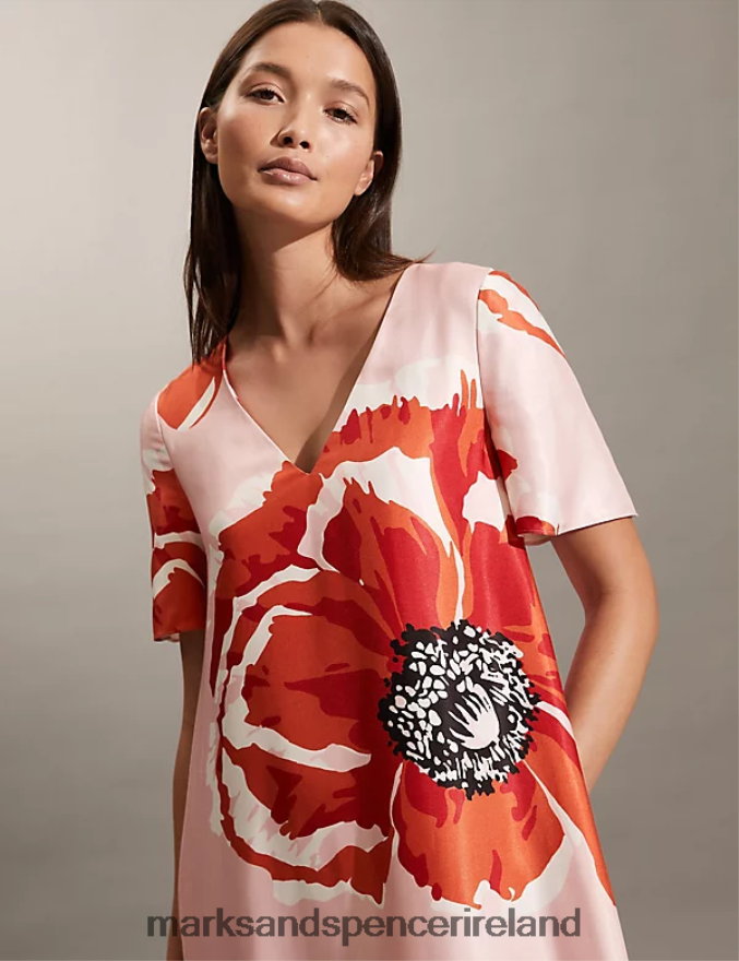 Marks & Spencer Women Floral V-Neck Midi Relaxed Shift Dress Pink Clothing 2VJ8DF879