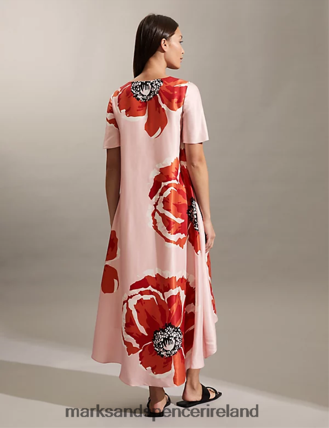 Marks & Spencer Women Floral V-Neck Midi Relaxed Shift Dress Pink Clothing 2VJ8DF879