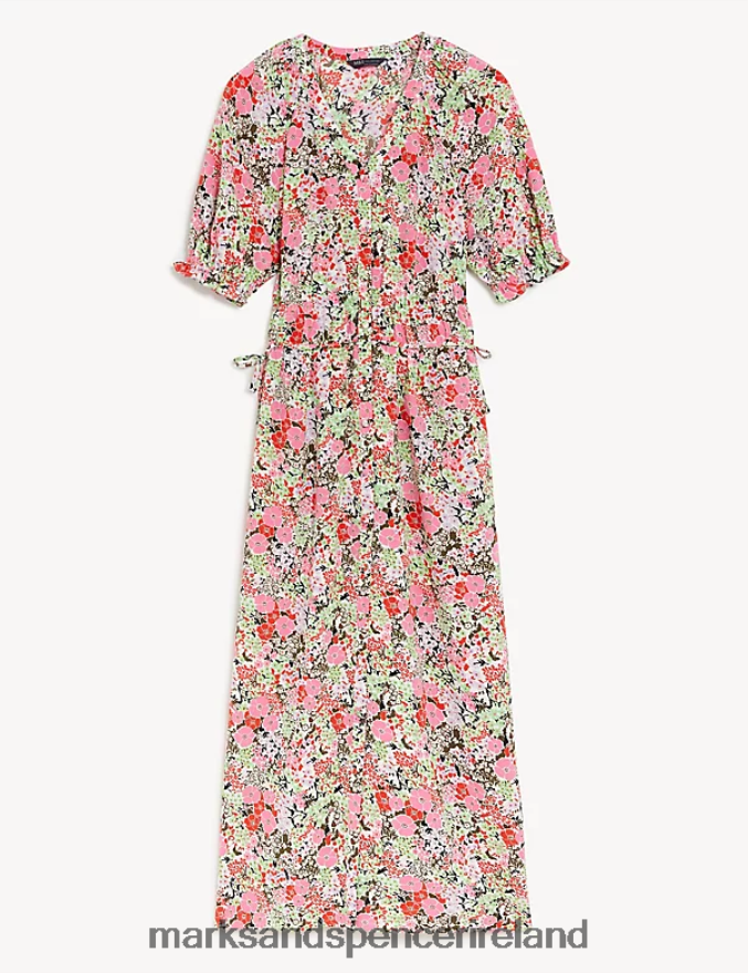 Marks & Spencer Women Floral V-Neck Midi Waisted Dress Pink Mix Clothing 2VJ8DF2007