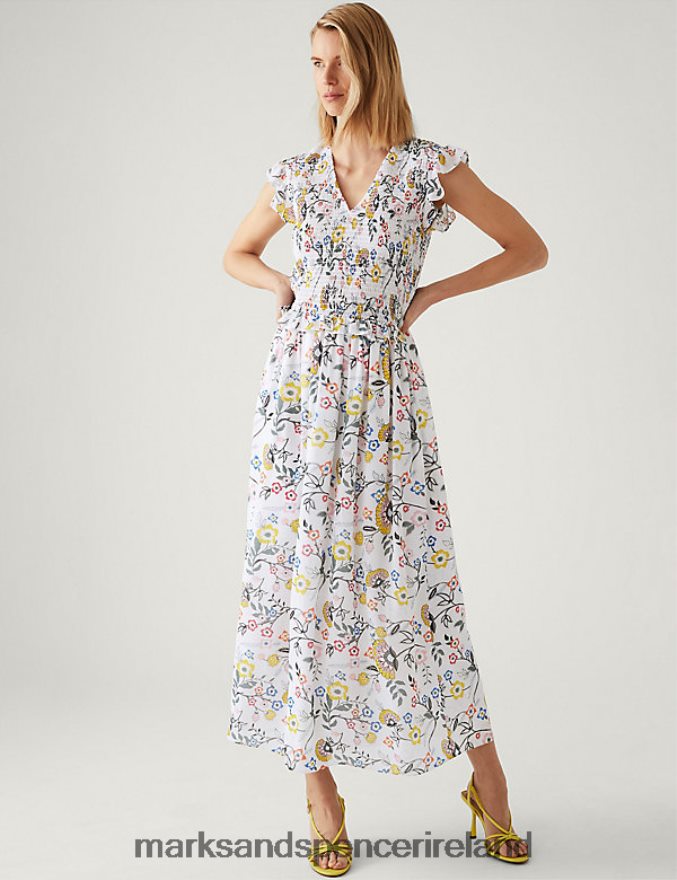 Marks & Spencer Women Floral V-Neck Shirred Midi Waisted Dress Ivory Mix Clothing 2VJ8DF1534
