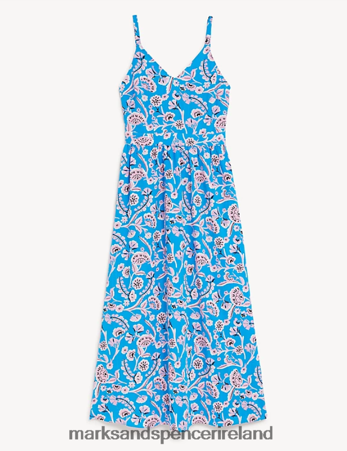 Marks & Spencer Women Floral V-Neck Strappy Midi Waisted Dress Blue Mix Clothing 2VJ8DF477
