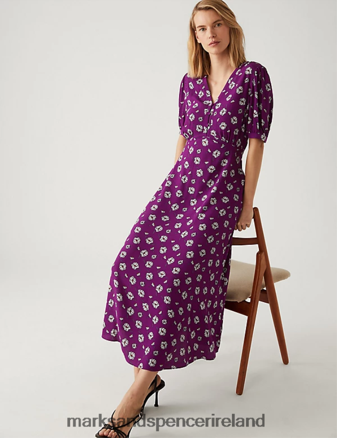Marks & Spencer Women Floral V-Neck Tie Waist Midi Tea Dress Purple Mix Clothing 2VJ8DF1369