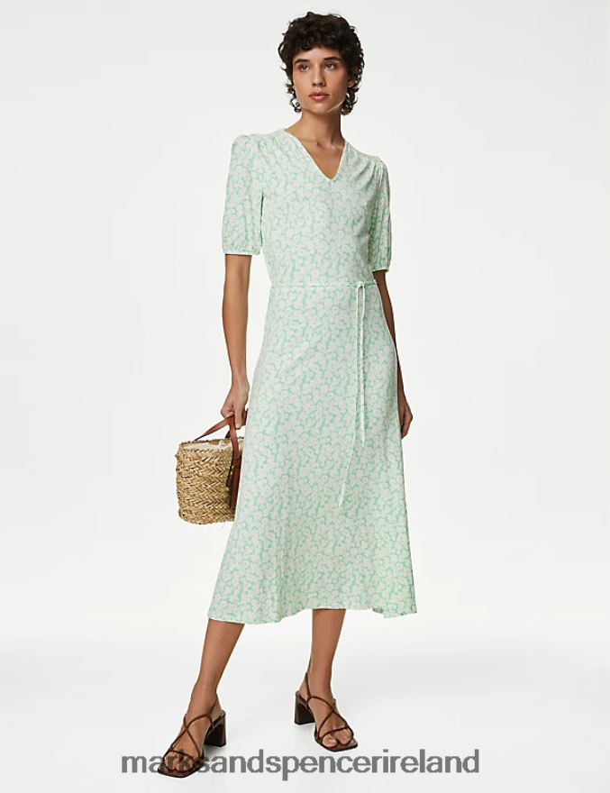 Marks & Spencer Women Jersey Printed Midi Tea Dress Green Mix Clothing 2VJ8DF291