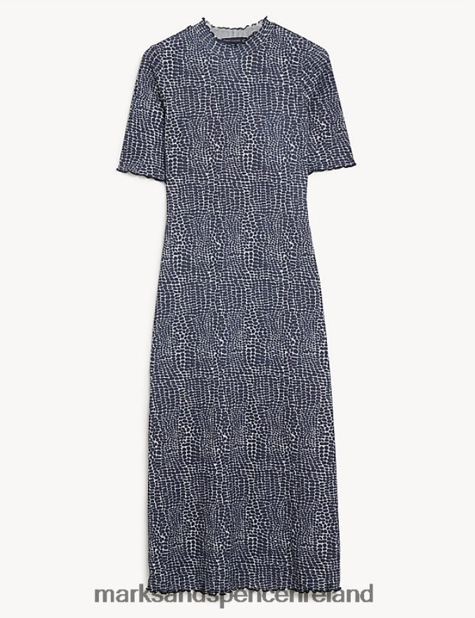 Marks & Spencer Women Jersey Printed Ribbed Midi Column Dress Navy Mix Clothing 2VJ8DF1860