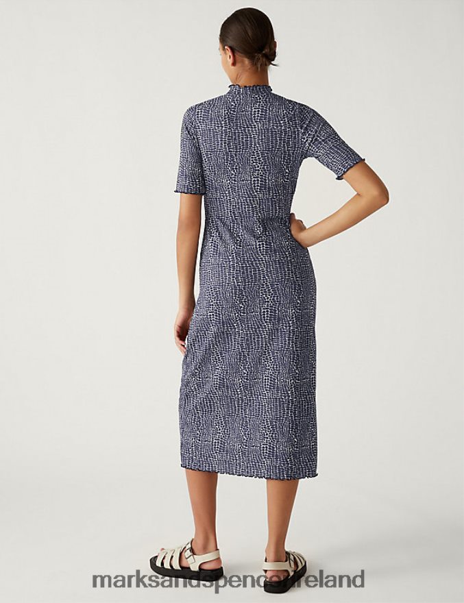 Marks & Spencer Women Jersey Printed Ribbed Midi Column Dress Navy Mix Clothing 2VJ8DF1860