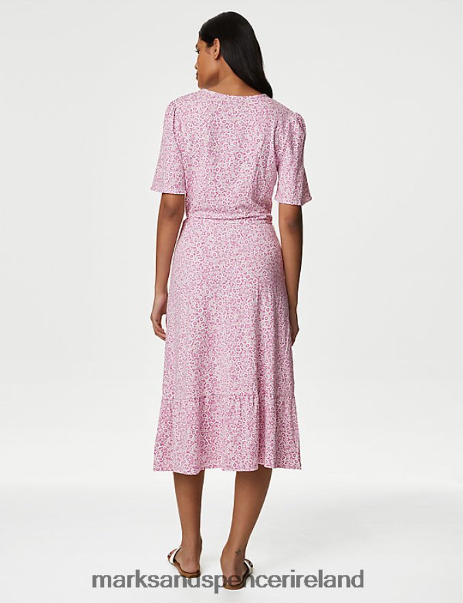 Marks & Spencer Women Jersey Printed V-Neck Midi Wrap Dress Pink Mix Clothing 2VJ8DF820