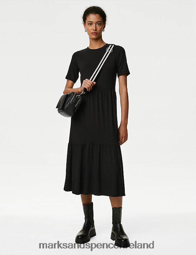 Marks & Spencer Women Jersey Round Neck Midi Tiered Dress Black Clothing 2VJ8DF2153