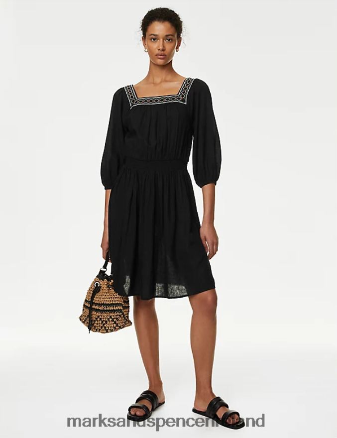 Marks & Spencer Women Linen Blend Embroidered Shirred Dress Black Clothing 2VJ8DF849