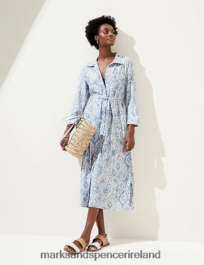 Marks & Spencer Women Linen Blend Printed Midi Shirt Dress Medium Blue Mix Clothing 2VJ8DF789