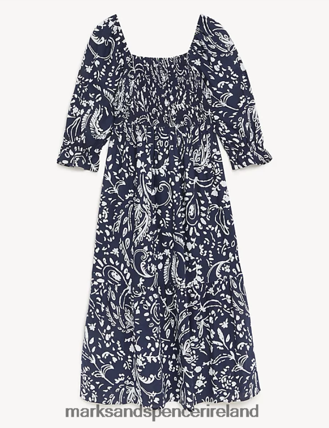 Marks & Spencer Women Linen Blend Printed Square Neck Midi Dress Navy Mix Clothing 2VJ8DF2566