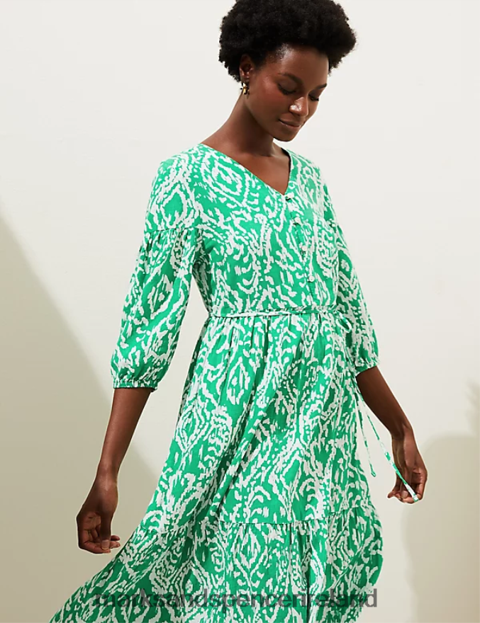 Marks & Spencer Women Linen Blend Printed V-Neck Midi Dress Bright Green Clothing 2VJ8DF2484