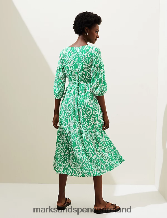 Marks & Spencer Women Linen Blend Printed V-Neck Midi Dress Bright Green Clothing 2VJ8DF2484