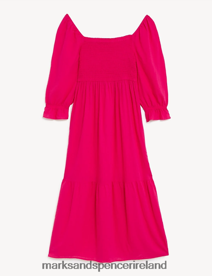 Marks & Spencer Women Linen Blend Square Neck Shirred Midi Dress Fuchsia Clothing 2VJ8DF965