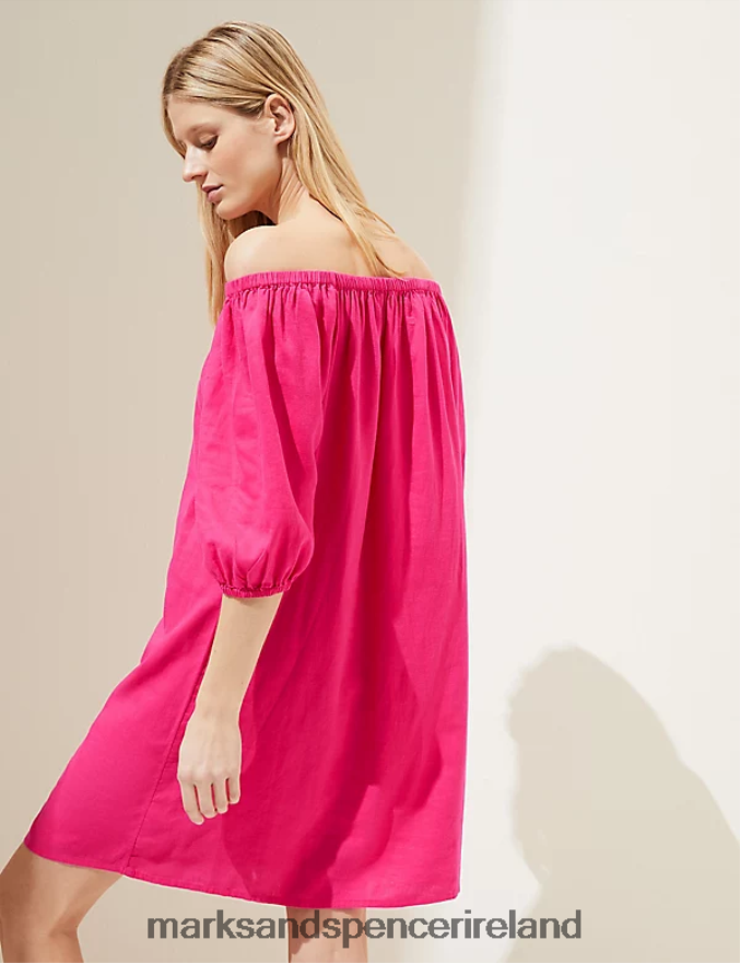 Marks & Spencer Women Linen Rich Bardot Knee Length Shift Dress Fuchsia Clothing 2VJ8DF2636