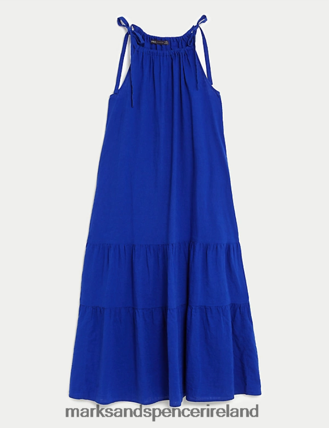 Marks & Spencer Women Linen Rich High Neck Maxi Tiered Dress Electric Blue Clothing 2VJ8DF1542