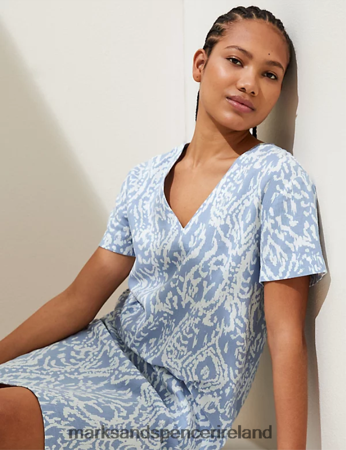 Marks & Spencer Women Linen Rich Printed V-Neck Midi Shift Dress Medium Blue Mix Clothing 2VJ8DF315