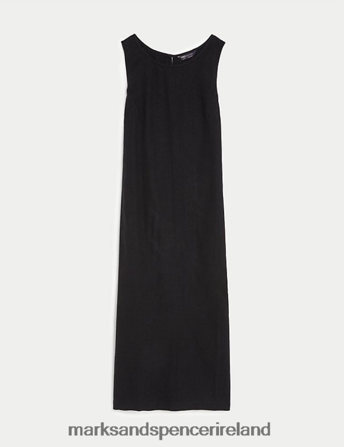 Marks & Spencer Women Linen Rich Round Neck Midi Shift Dress Black Clothing 2VJ8DF1235