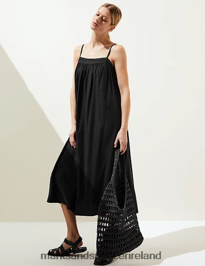 Marks & Spencer Women Linen Rich Square Neck Midi Cami Dress Black Clothing 2VJ8DF1339
