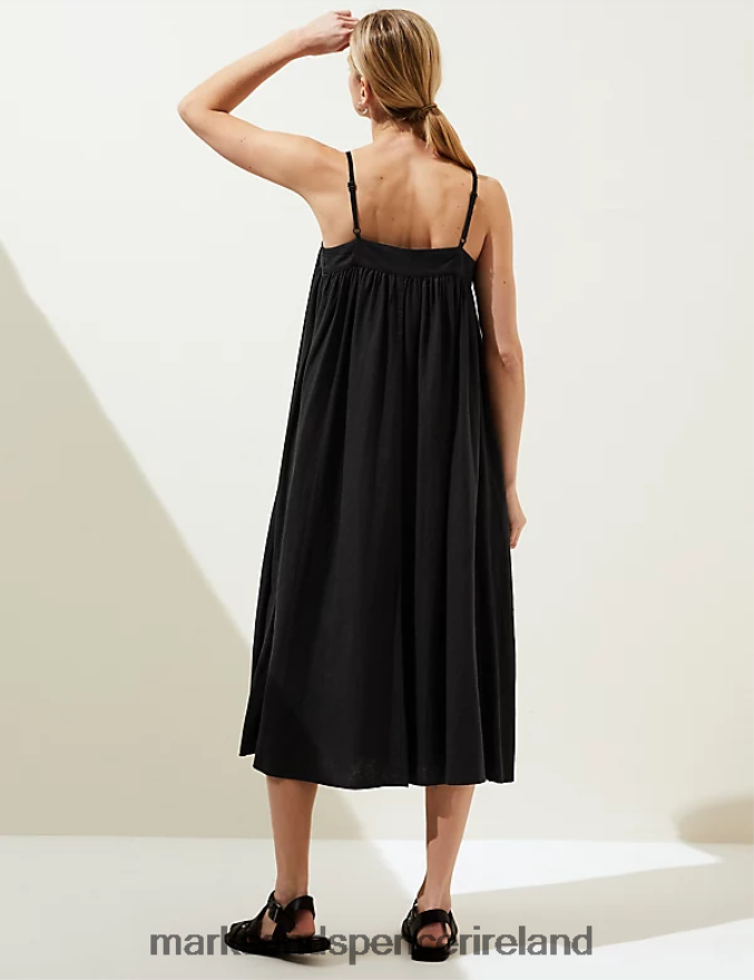 Marks & Spencer Women Linen Rich Square Neck Midi Cami Dress Black Clothing 2VJ8DF1339