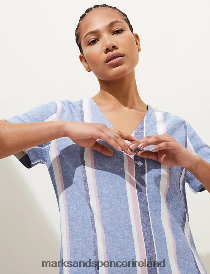 Marks & Spencer Women Linen Rich Striped V-Neck Midi Shift Dress Blue Mix Clothing 2VJ8DF2224