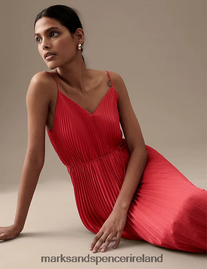 Marks & Spencer Women Plisse V-Neck Midi Slip Dress Lipstick Clothing 2VJ8DF2764