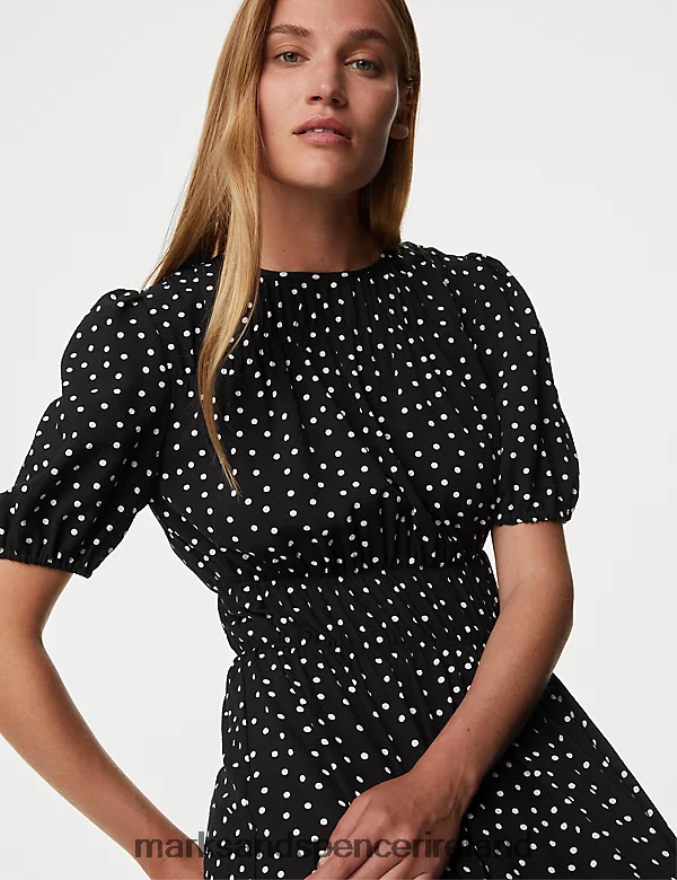 Marks & Spencer Women Polka Dot Textured Mini Smock Dress Black Mix Clothing 2VJ8DF803
